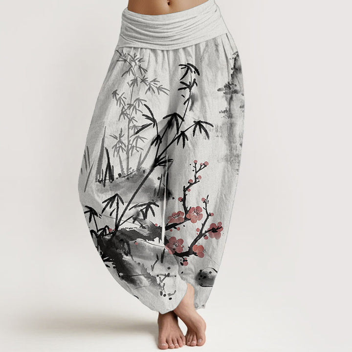 Buddha Stones, reine Baumwolle, Pflaumenblüten, Bambus, Orchideen, Chrysanthemen-Muster, Damen-Haremshose mit elastischer Taille