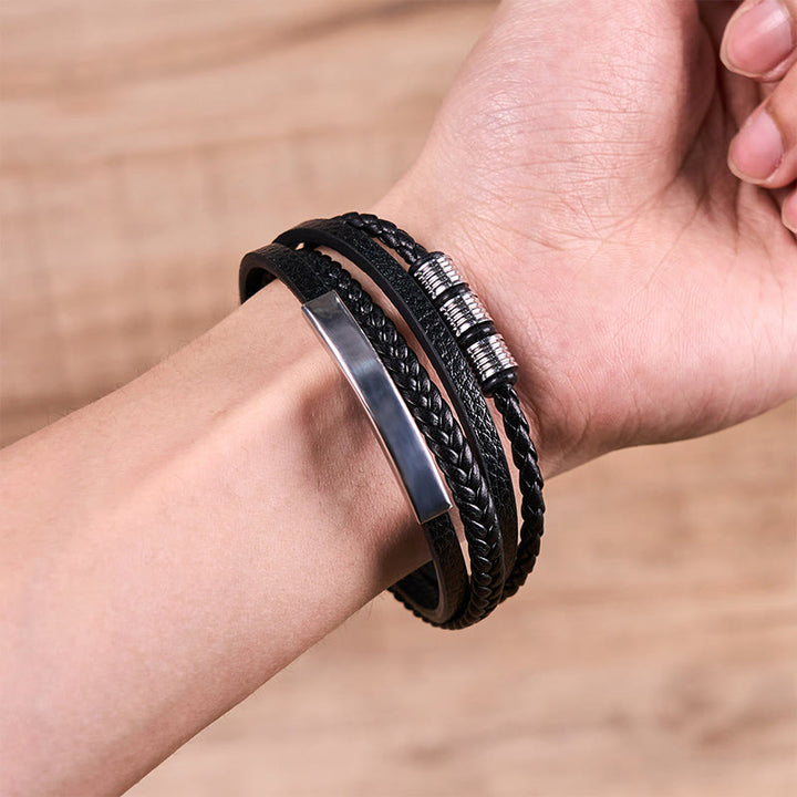 Buddha Stones Fashion Titan Stahl Leder Handgewebt Magnetschnalle Stärkung Armband