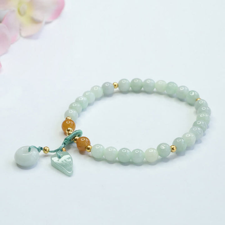 Armband mit Buddha Stones und Jadeperlen, Blatt-Friedensschnalle, Wohlstandsarmband