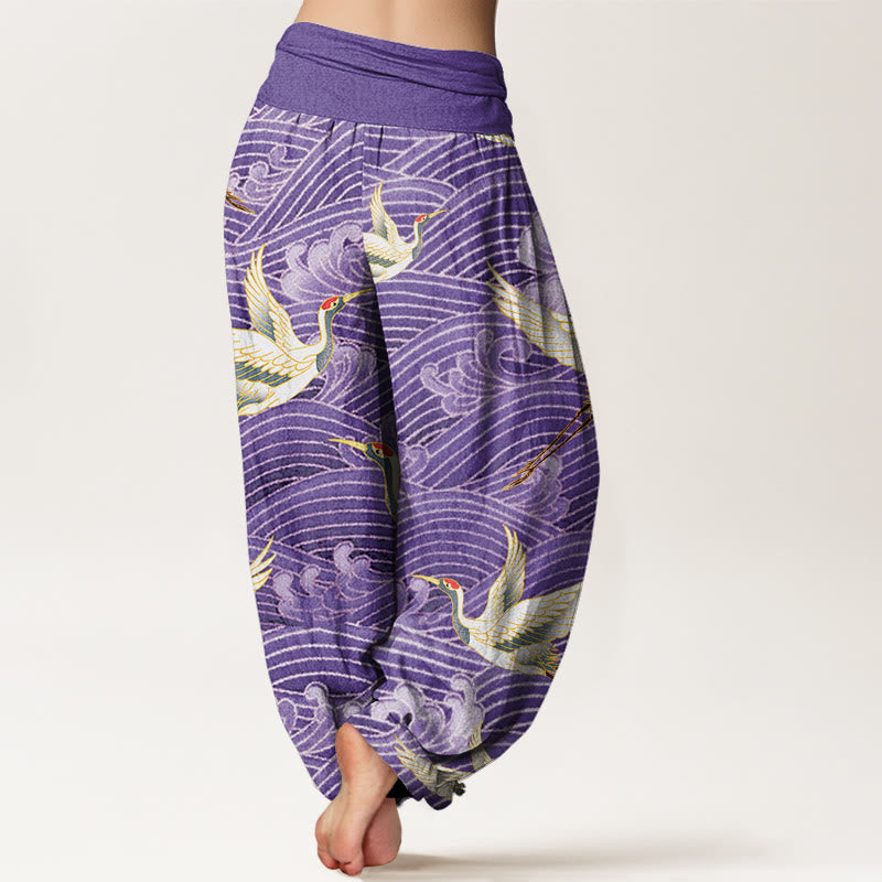 Buddha Stones Lässige Haremshose für Damen mit Kranich-Ozeanwellen-Muster und elastischer Taille - image 9