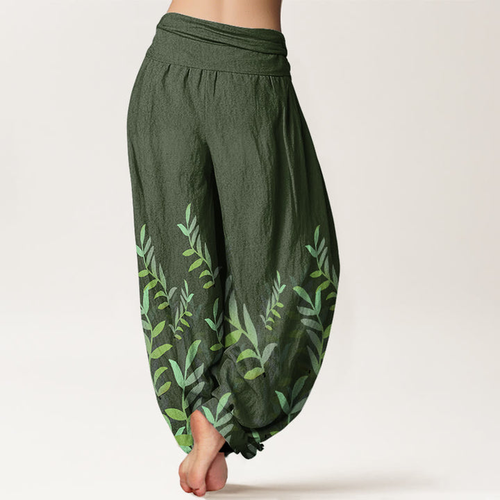 Buddha Stones Lässige Haremshose mit Blättermuster für Damen, elastische Taille - image 6