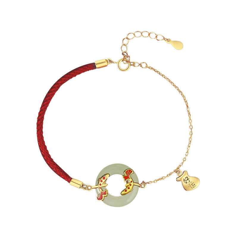 Buddha Stones 999 Sterling Silber Hetian Weiß Jade Double Koi Fish Friedensschnalle Glücksbringer Reichtum Armband