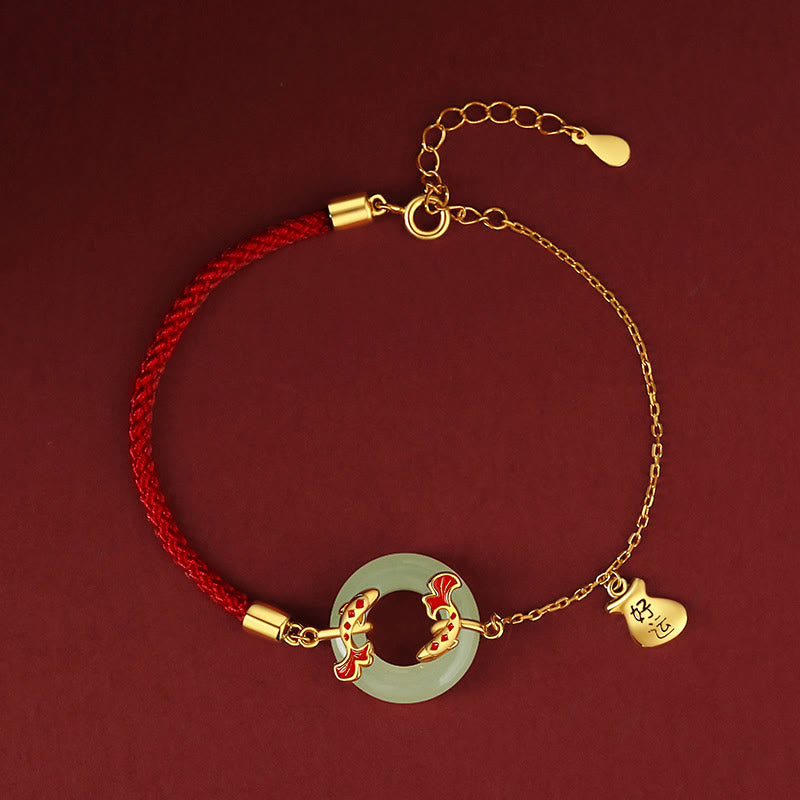 Buddha Stones 999 Sterling Silber Hetian Weiß Jade Double Koi Fish Friedensschnalle Glücksbringer Reichtum Armband