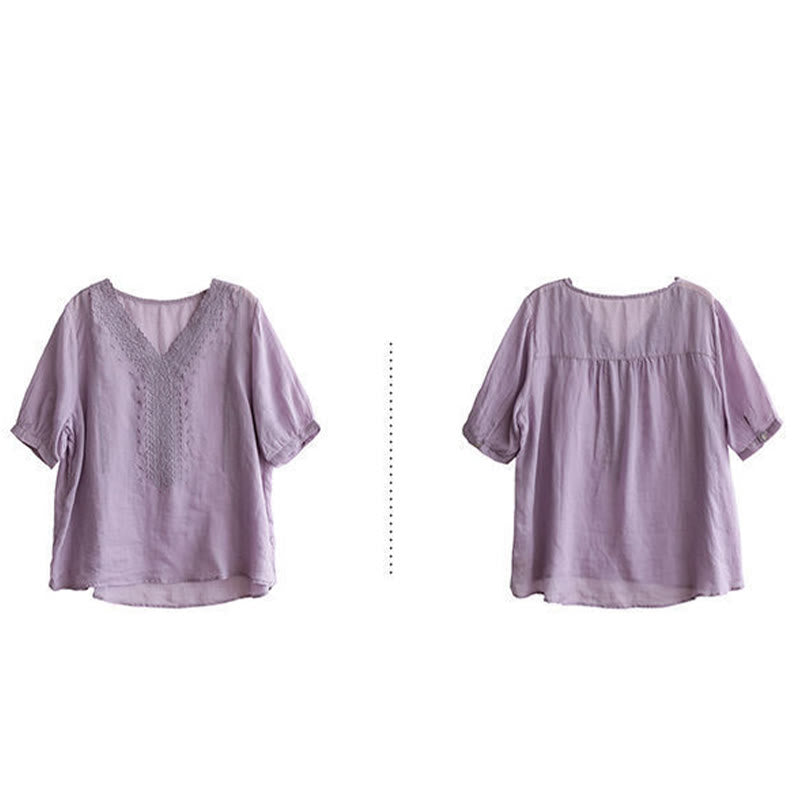 Buddha Stones Sommer Lässiges Damen-T-Shirt aus Baumwolle und Leinen mit V-Ausschnitt und Stickerei - image 5