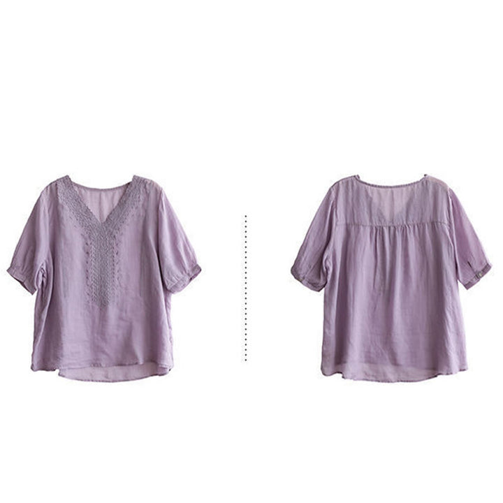 Buddha Stones Sommer Lässiges Damen-T-Shirt aus Baumwolle und Leinen mit V-Ausschnitt und Stickerei - image 5