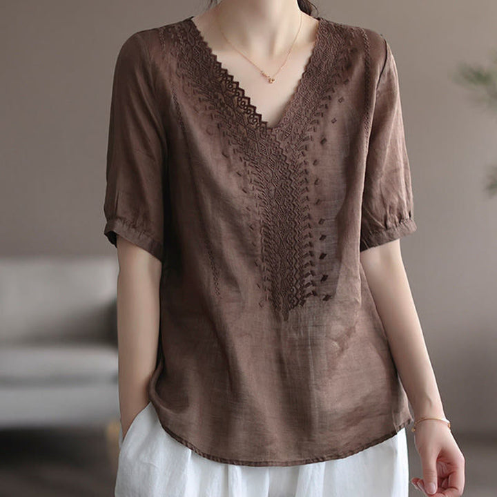 Buddha Stones Sommer Lässiges Damen-T-Shirt aus Baumwolle und Leinen mit V-Ausschnitt und Stickerei - Sienna - US8-10, UK/AU12-14,EU40-42 (2XL) - image 6