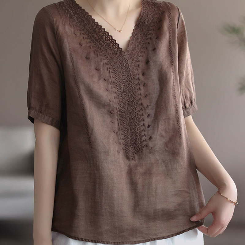 Buddha Stones Sommer Lässiges Damen-T-Shirt aus Baumwolle und Leinen mit V-Ausschnitt und Stickerei - image 8