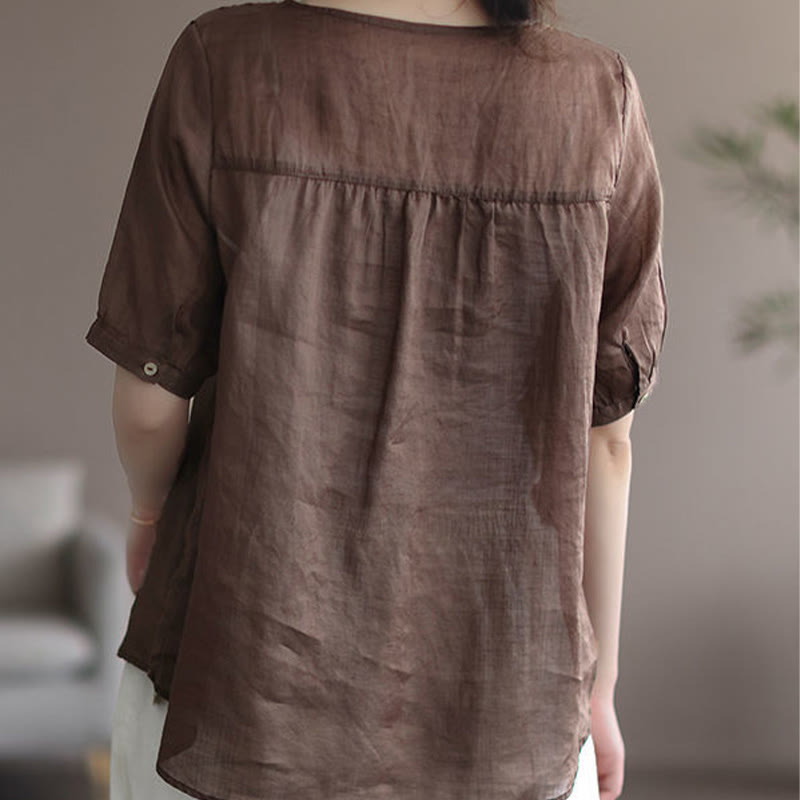 Buddha Stones Sommer Lässiges Damen-T-Shirt aus Baumwolle und Leinen mit V-Ausschnitt und Stickerei - image 9