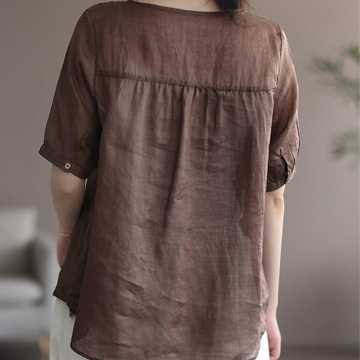 Buddha Stones Sommer Lässiges Damen-T-Shirt aus Baumwolle und Leinen mit V-Ausschnitt und Stickerei - image 9