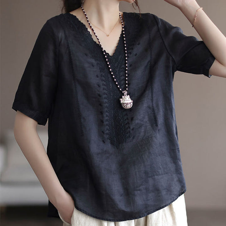 Buddha Stones Sommer Lässiges Damen-T-Shirt aus Baumwolle und Leinen mit V-Ausschnitt und Stickerei - image 13