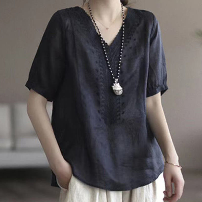 Buddha Stones Sommer Lässiges Damen-T-Shirt aus Baumwolle und Leinen mit V-Ausschnitt und Stickerei - Schwarz - US8-10, UK/AU12-14,EU40-42 (2XL) - image 12