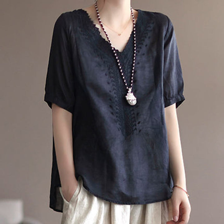Buddha Stones Sommer Lässiges Damen-T-Shirt aus Baumwolle und Leinen mit V-Ausschnitt und Stickerei - image 14