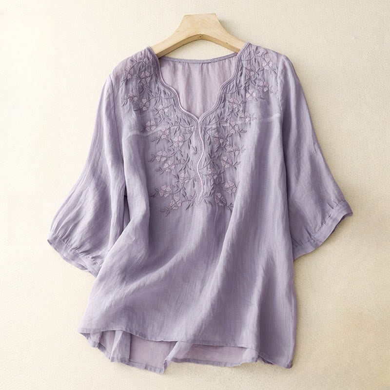 Buddha Stones Sommer Lässiges Damen-T-Shirt mit V-Ausschnitt und halblangen Ärmeln aus Acryl mit bestickten Blumen