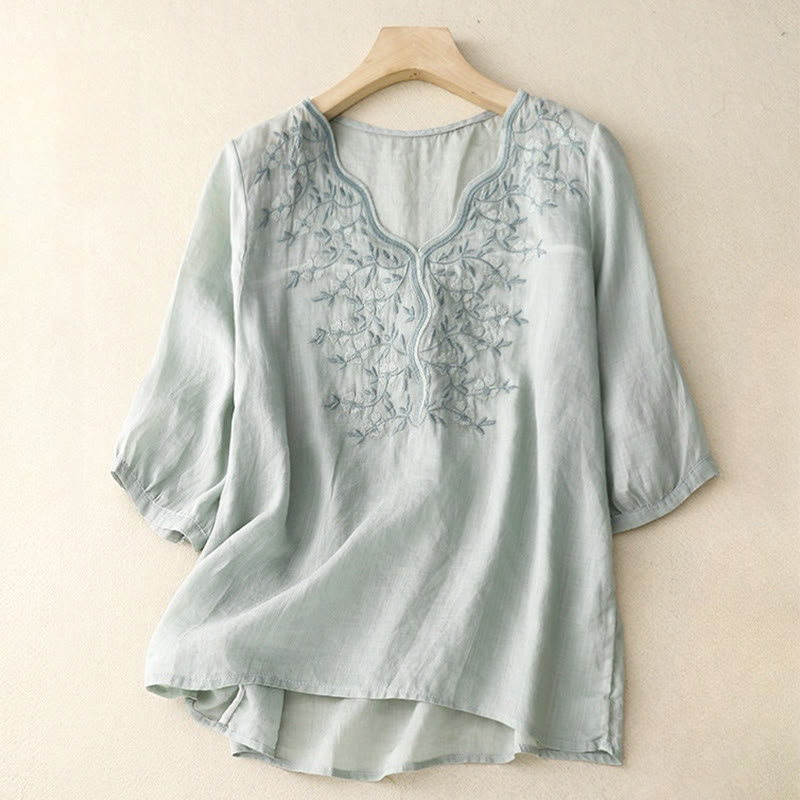 Buddha Stones Sommer Lässiges Damen-T-Shirt mit V-Ausschnitt und halblangen Ärmeln aus Acryl mit bestickten Blumen