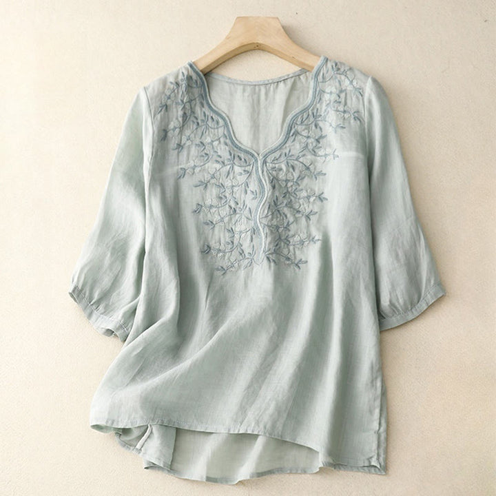 Buddha Stones Sommer Lässiges Damen-T-Shirt mit V-Ausschnitt und halblangen Ärmeln aus Acryl mit bestickten Blumen