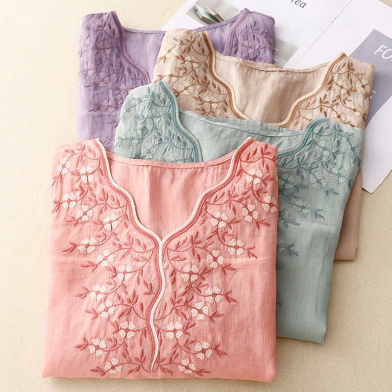 Buddha Stones Sommer Lässiges Damen-T-Shirt mit V-Ausschnitt und halblangen Ärmeln aus Acryl mit bestickten Blumen