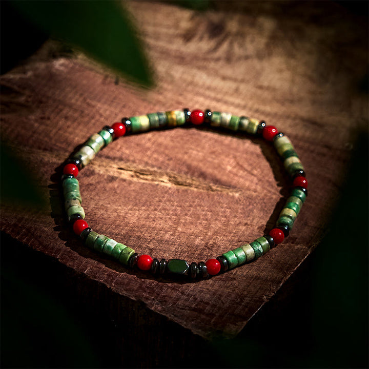 Buddha Stones Armband aus natürlichem grünem Stein, Hämatit, rote Koralle, kraftvoll