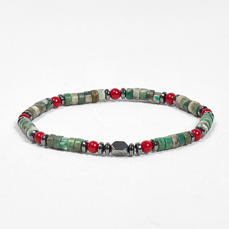 Buddha Stones Armband aus natürlichem grünem Stein, Hämatit, rote Koralle, kraftvoll