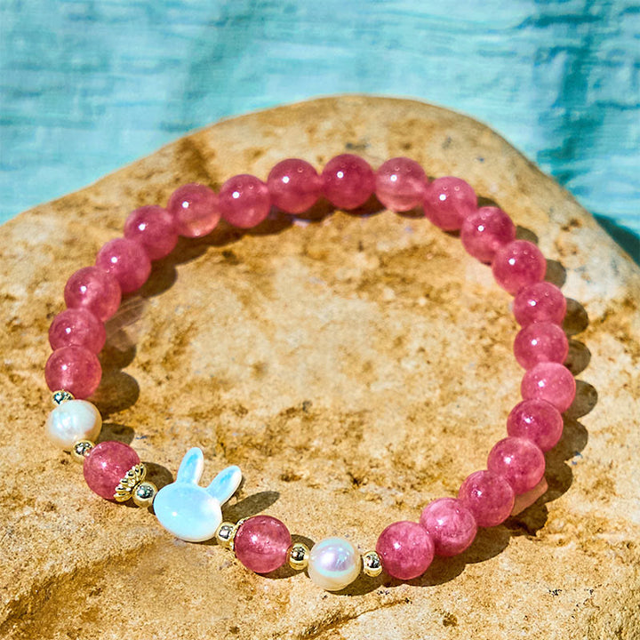 Buddha Stones Erdbeerquarz Perlen Katze Kaninchen Heilarmband - image 3