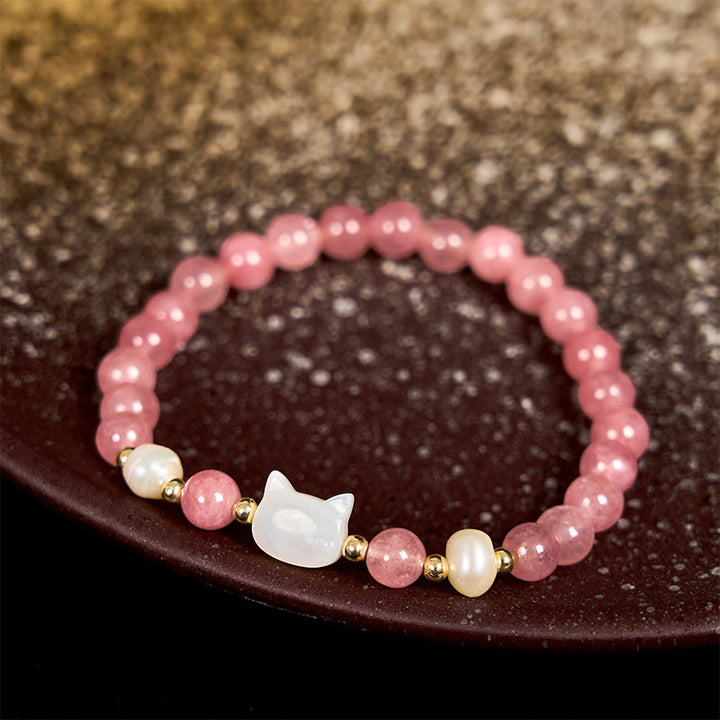 Buddha Stones Erdbeerquarz Perlen Katze Kaninchen Heilarmband - image 7