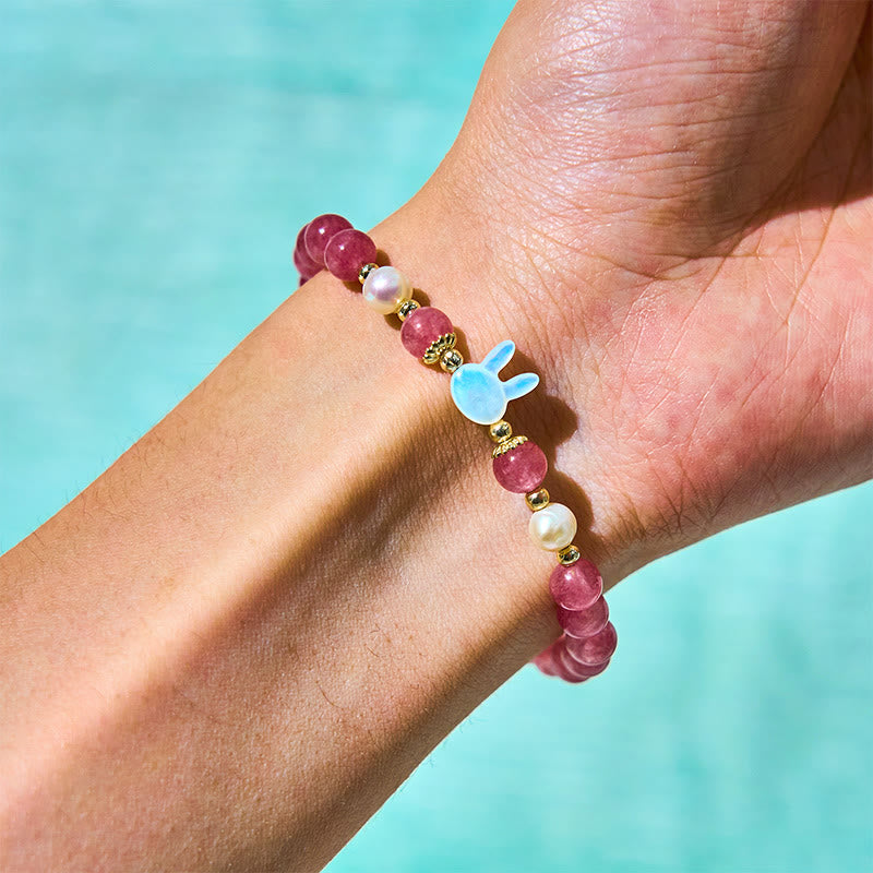 Buddha Stones Erdbeerquarz Perlen Katze Kaninchen Heilarmband - image 4