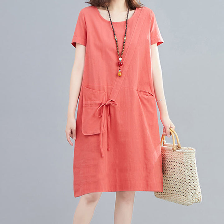 Buddha Stones Sommer-Midikleid aus Baumwolle und Leinen mit Taschen, leger, einfarbig, mit Schnürung, Rundhalsausschnitt, kurzärmlig - image 8