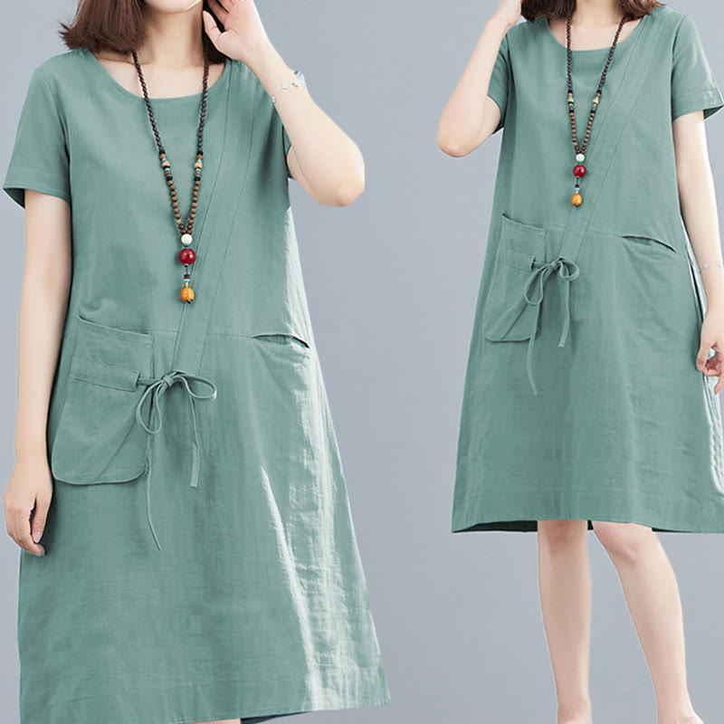 Buddha Stones Sommer-Midikleid aus Baumwolle und Leinen mit Taschen, leger, einfarbig, mit Schnürung, Rundhalsausschnitt, kurzärmlig - image 20