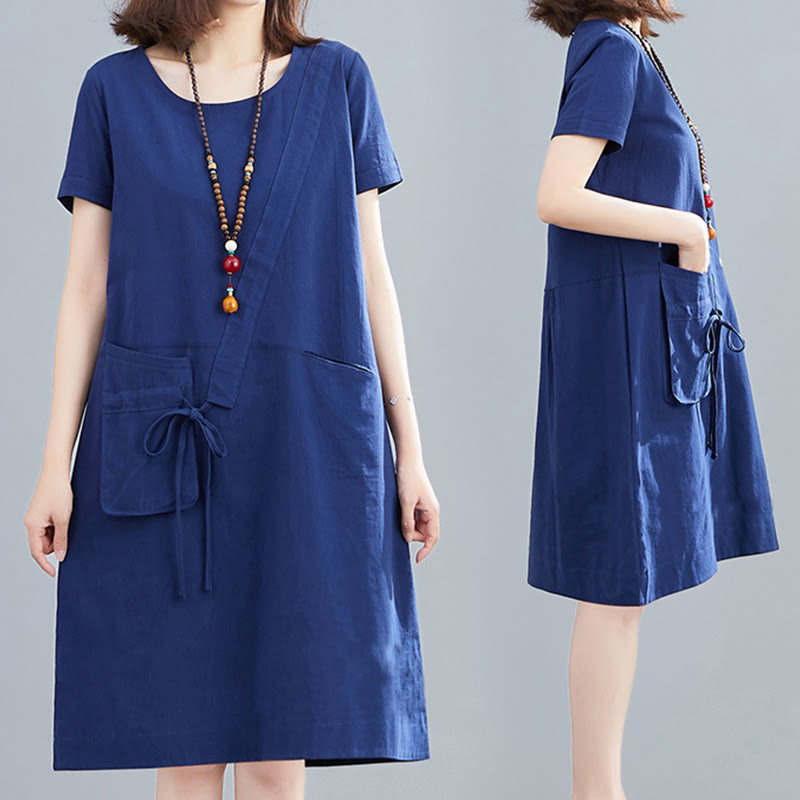 Buddha Stones Sommer-Midikleid aus Baumwolle und Leinen mit Taschen, leger, einfarbig, mit Schnürung, Rundhalsausschnitt, kurzärmlig - image 25