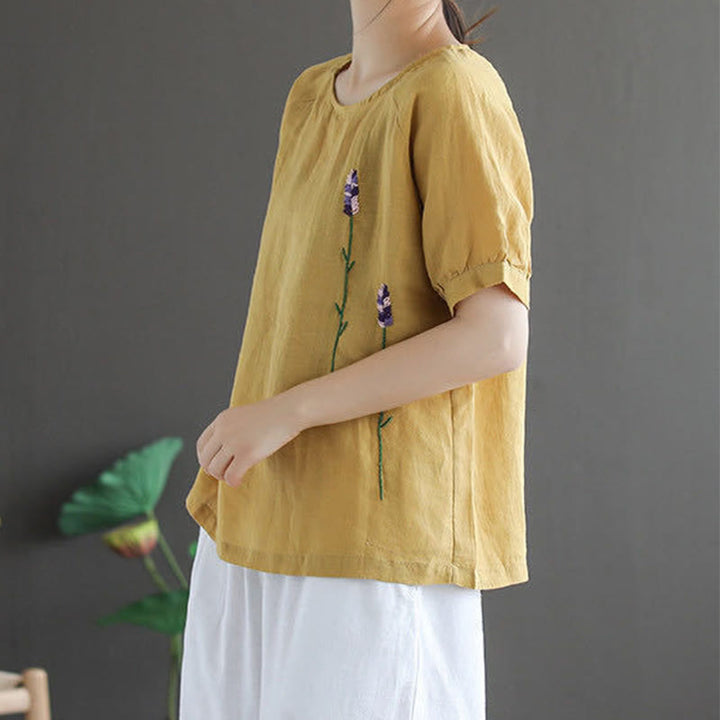 Buddha Stones Sommer Vintage Besticktes Blumenmuster Damen Rundhals-Design Baumwoll-Leinen-T-Shirt - image 9
