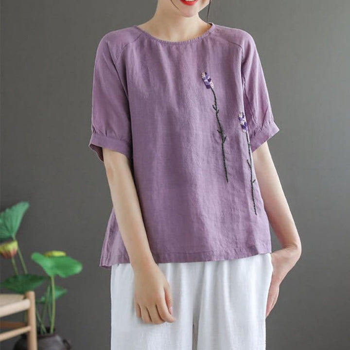 Buddha Stones Sommer Vintage Besticktes Blumenmuster Damen Rundhals-Design Baumwoll-Leinen-T-Shirt - image 3
