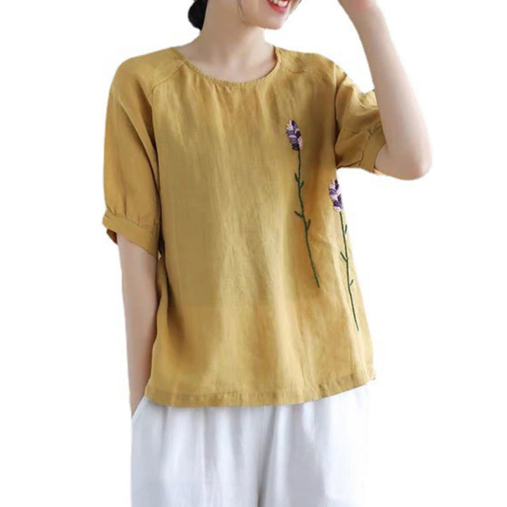 Buddha Stones Sommer Vintage Besticktes Blumenmuster Damen Rundhals-Design Baumwoll-Leinen-T-Shirt - image 11