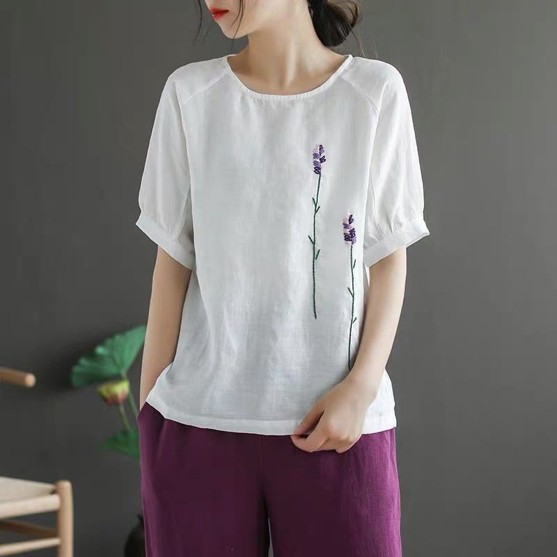 Buddha Stones Sommer Vintage Besticktes Blumenmuster Damen Rundhals-Design Baumwoll-Leinen-T-Shirt - Weiß - US8-10, UK/AU12-14,EU40-42 (2XL) - image 13