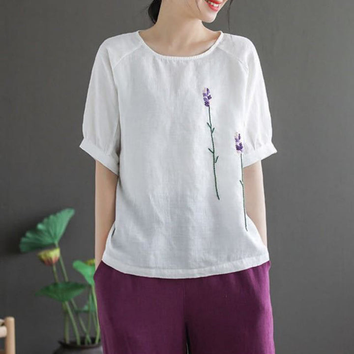 Buddha Stones Sommer Vintage Besticktes Blumenmuster Damen Rundhals-Design Baumwoll-Leinen-T-Shirt - image 15