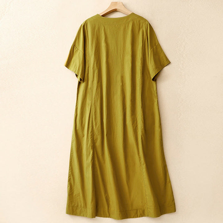 Buddha Stones Sommer-Midikleid mit schlichtem Rundhalsausschnitt und kurzen Ärmeln und Taschen - image 16