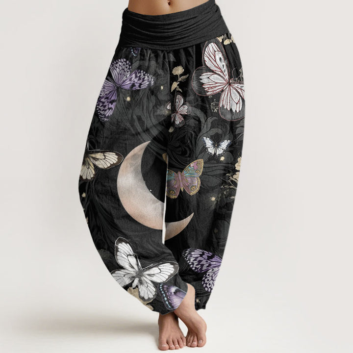 Haremshose mit elastischer Taille für Damen, Buddha Stones, Schmetterlingsblumen, Halbmond-Muster - Schwarz - US22, UK/AU26,EU54 (6XL) - image 1