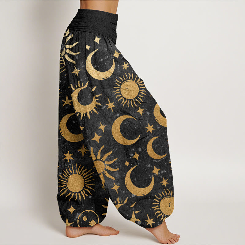 Haremshose mit elastischer Taille und Buddha Stones, Halbmond, Sonne und Sternenmuster für Damen - image 3