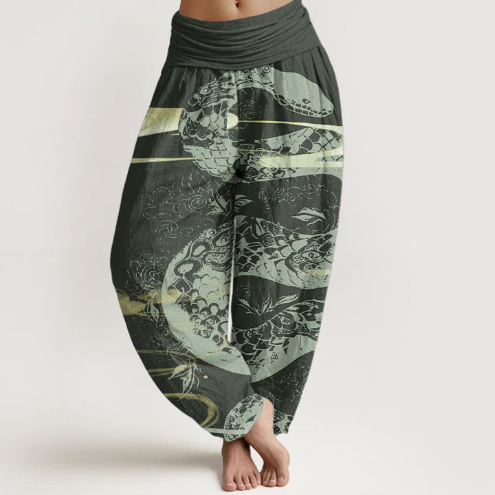 Buddha Stones Haremshose aus reiner Baumwolle mit glückverheißenden Wolken und Schlangenmuster für Damen mit elastischer Taille