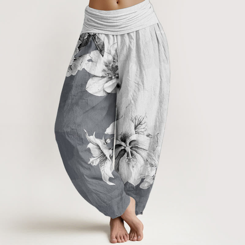 Buddha Stones Damen Haremshose mit elastischer Taille und Kamelienmuster aus reiner Baumwolle