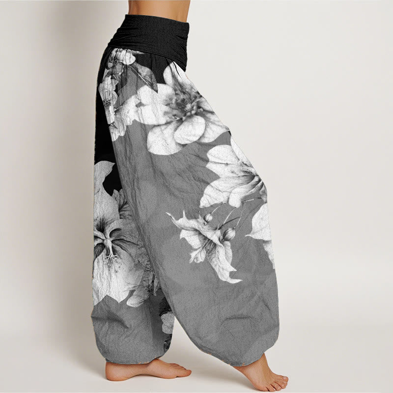 Buddha Stones Damen Haremshose mit elastischer Taille und Kamelienmuster aus reiner Baumwolle