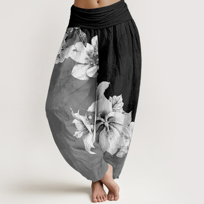 Buddha Stones Damen Haremshose mit elastischer Taille und Kamelienmuster aus reiner Baumwolle