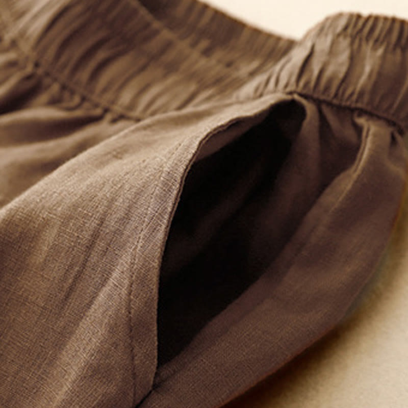 Buddha Stones Sommer-Baumwoll-Leinen-Hose mit Froschknöpfen und hoher Taille für Damen mit Taschen
