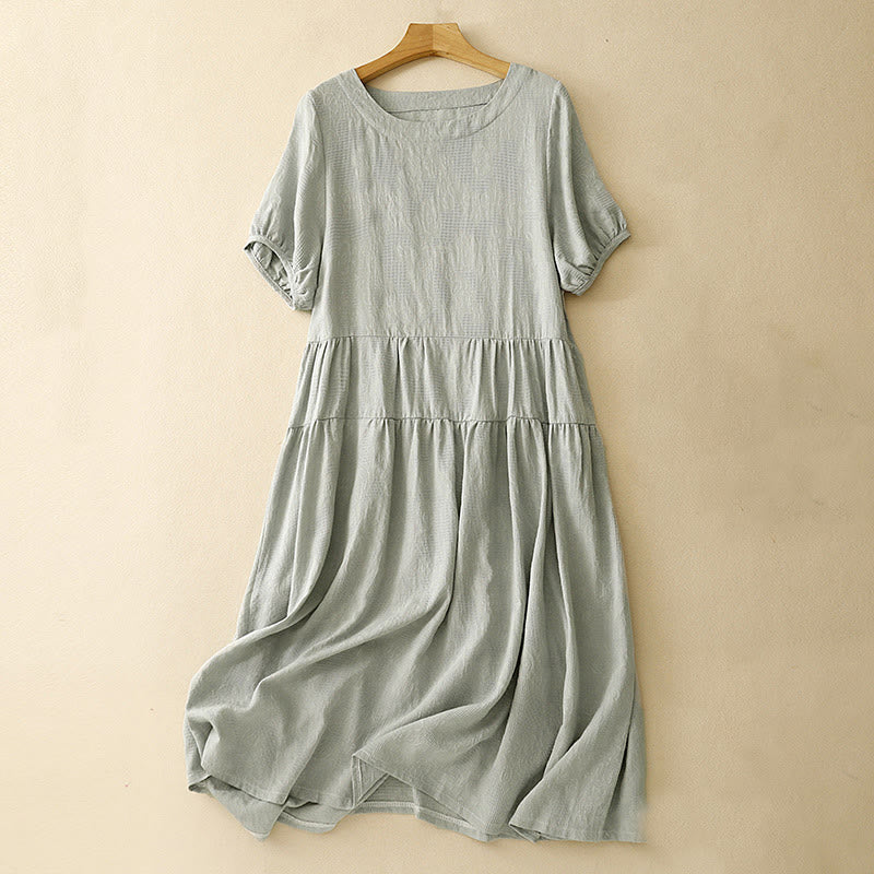 Buddha Stones Sommer-Jacquard-Midikleid aus Baumwolle mit einfarbigem elastischem Bündchendesign, Rundhalsausschnitt und kurzen Ärmeln
