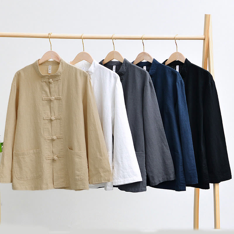 Buddha Stones Frosch-Knopf Chinesischer Tang-Anzug Baumwolle Leinen Herren Jacke Hemd mit Taschen - image 1