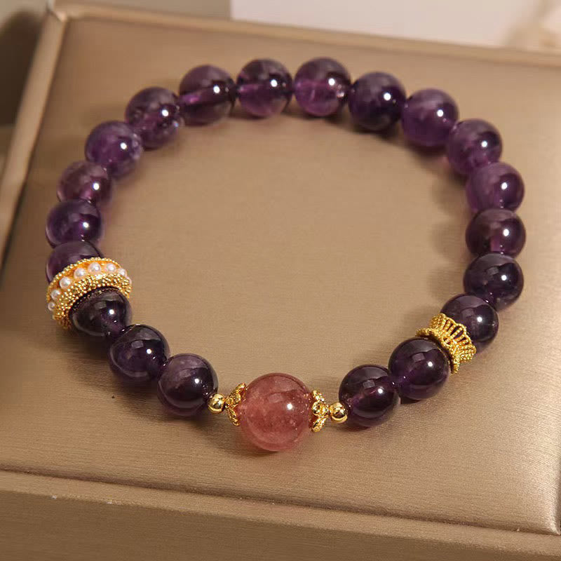 Buddha Stones Natürliche Amethyst Glücks-Erdbeerquarzperlen Friedensarmband