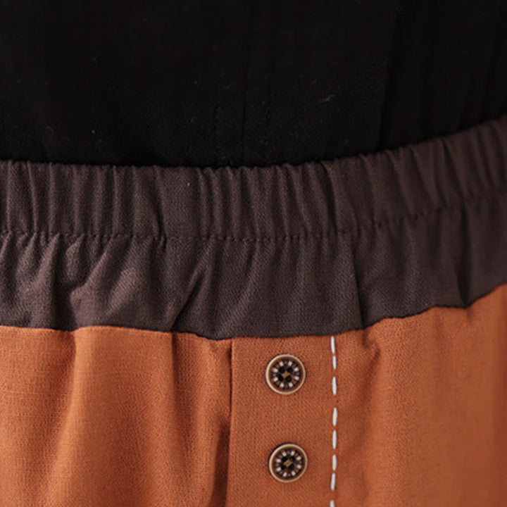 Buddha Stones Lässige Frühlings-Haremshose aus Baumwolle und Leinen mit einfarbigem Patchwork-Design für Damen, elastischer Bund und Taschen