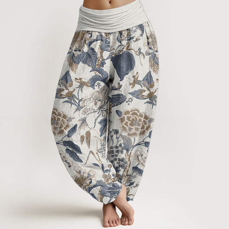 Buddha Stones Damen-Haremshose aus reiner Baumwolle mit Lotusblatt-Pfingstrosen-Muster und elastischer Taille - Elfenbein - US22, UK/AU26,EU54 (6XL) - image 1