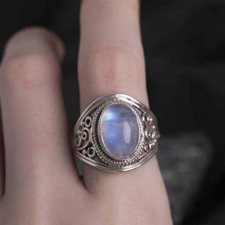 Buddha Stones 925 Sterling Silber Handgefertigter natürlicher Mondstein Heilung Verstellbarer Ring