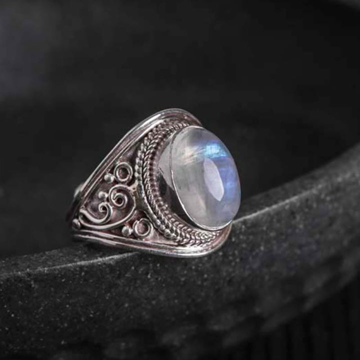 Buddha Stones 925 Sterling Silber Handgefertigter natürlicher Mondstein Heilung Verstellbarer Ring