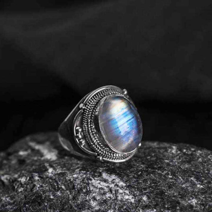 Buddha Stones 925 Sterling Silber Handgefertigter natürlicher Mondstein Heilung Verstellbarer Ring