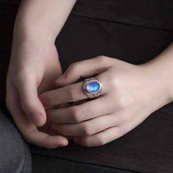 Buddha Stones 925 Sterling Silber Handgefertigter natürlicher Mondstein Heilung Verstellbarer Ring